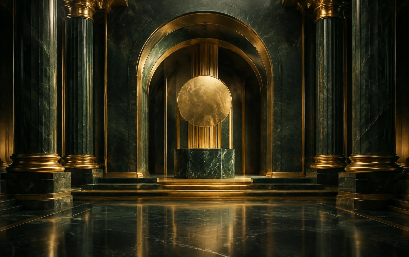 Gold architectural vault framed by emerald marble columns